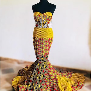 Abito africano, abito africano couture, abito corsetto africano, abito a coda di pesce africano, abito da sposa africano, abito a sirena africana, abito Ankara