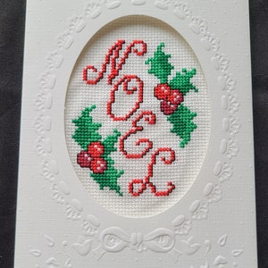 Handmade Cross Stitched Christmas Card - Noel Holly