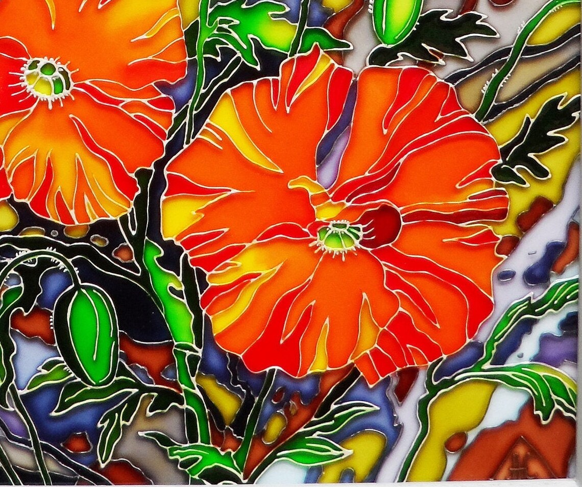 Stained glass panel Poppies Wall hanging glass art Stained | Etsy