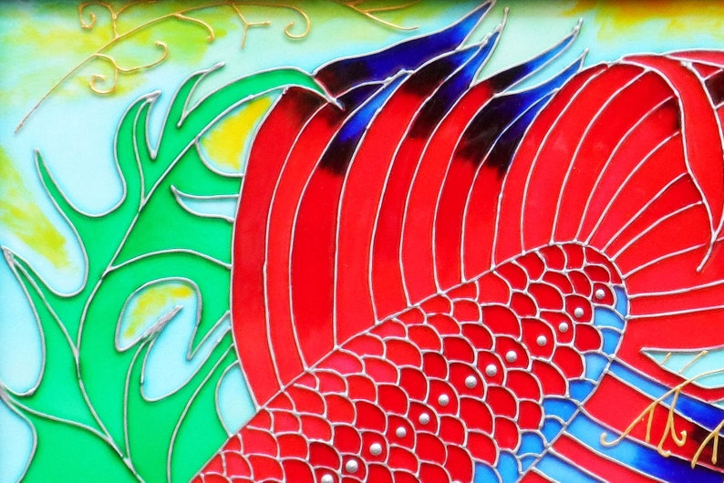 Stained Glass Panel Red Betta Fish Wall Hanging Glass Art Etsy