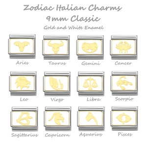 Zodiac Gold and White Enamel Classic Italian Charms  9mm size regular size charm links. Horoscope Sign.