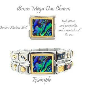 18mm Italian Charm Duo connects two rows of 9mm italian charm bracelets together. Genuine abalone shell for luck, peace, and prosperity