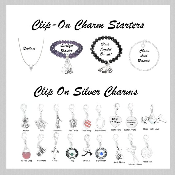 Clip on Charms and Charm Bracelet Starters, Necklace. Make a custom gift!  Sea Turtle, Cross, Hope, Scissors, peace - more! Wholesale Prices