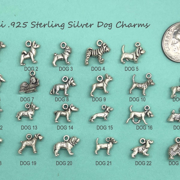 Tiny Mini .925 Sterling Silver Dog Breed Charms for charm bracelet or necklace