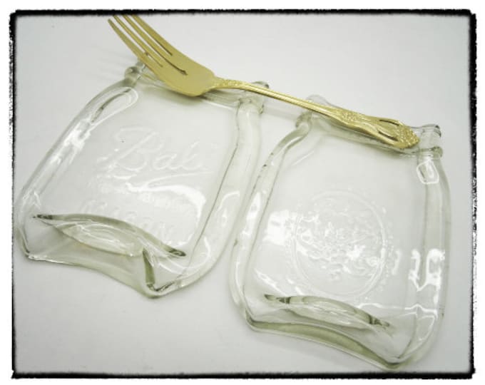Free Shpping..Set of Two Melted Mason Jar, "pint size" w/ BALL LOGO Cute Spoon Rest, Cheese butter appetizer Tray, coas  ter, dish soap ..