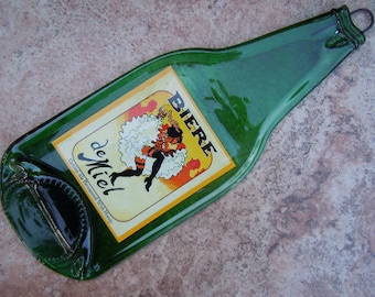 Free shipping Retro Biere De Miel Ale Beer Slumped Melted Flattened Wine Bottle  Spoon Rest Glass Plate Eco Gift Inactive
