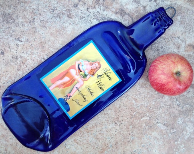 Free Shipping Retro Funny Pin-Up Shoes and wine makes everything fine Slumped Melted Flattened Flat Bottle Tray Spoon Rest Glass Plate Gift
