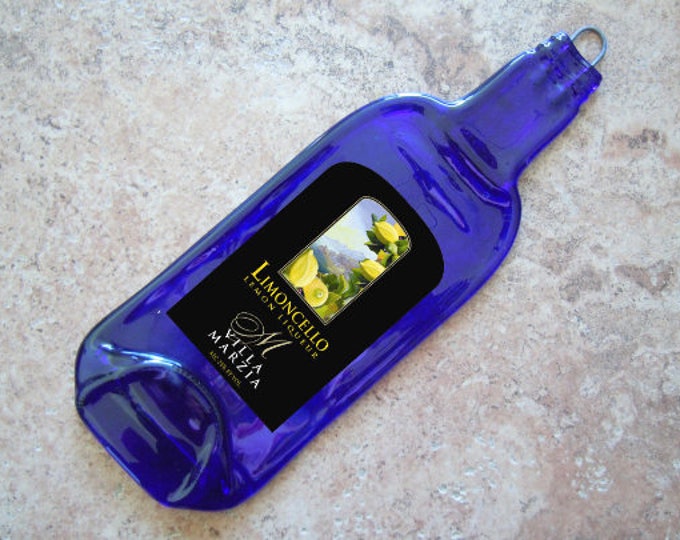 FREE SHIPPING Villa Marzia Limoncello Italy Cobalt Blue  Slump Melted Flat Wine Bottle Cheese Tray Spoon Rest Glass Eco Gift