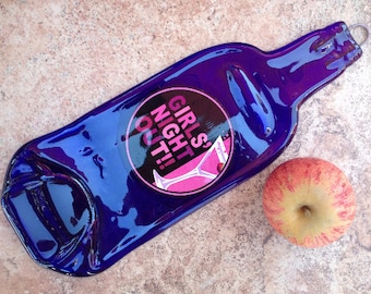 Free Shipping Girl's Night Out Cobalt Blue  Slumped Melted Flattened Flat Bottle Tray Spoon Rest Glass Plate Gift