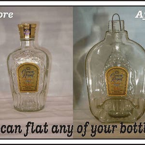 May include: Before and after image of a glass bottle with a label that says "Crown Royal". The bottle on the left is upright and the bottle on the right is flattened.