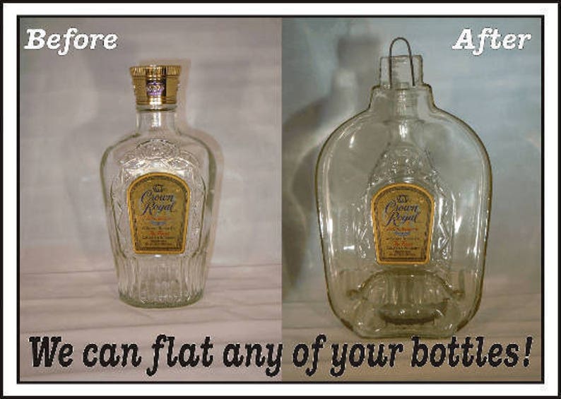 May include: Before and after image of a glass bottle with a label that says "Crown Royal". The bottle on the left is upright and the bottle on the right is flattened.