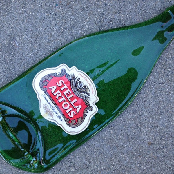 Free shipping Belgium Stella Artois Vintage Label Beer Slumped Melted Flattened Wine Bottle  Spoon Rest Glass Plate Eco Gift Inactive