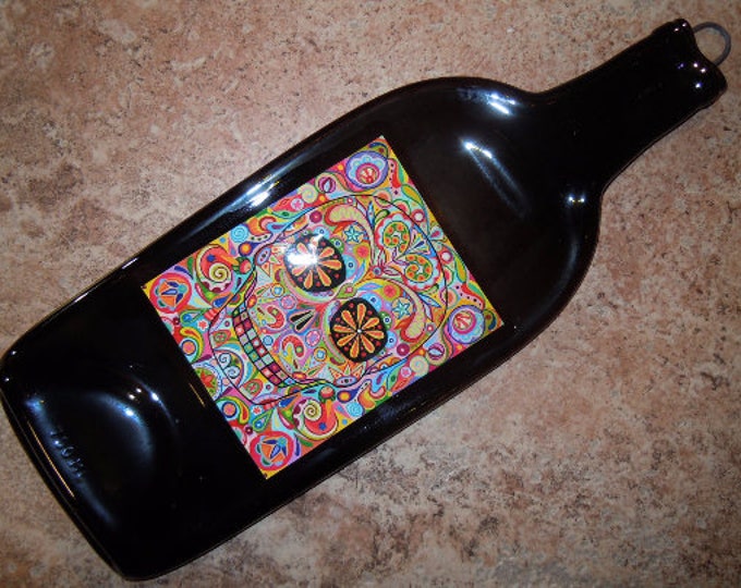 FREE SHIPPING Spanish Mexican Dia De Los Muertos Slumped Melted Flattened Wine Bottle  Spoon Rest Glass Plate Eco Gift Inactive