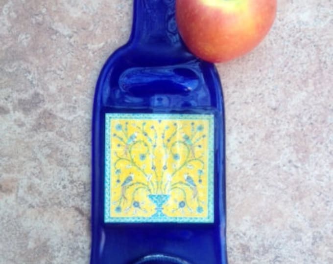FREE SHIPPING Mediterranean Persian Tile Wall Decoration Design Cobalt Blue Slump  Flat Wine Bottle Cheese Tray Spoon Rest Glass Eco Gift