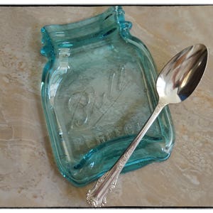 Free Shipping..Melted Mason Jar " Pint size" Ball Logo Antique Blue, Cute Spoon Rest, Cheese butter Tray, coaster, dish soap  ..