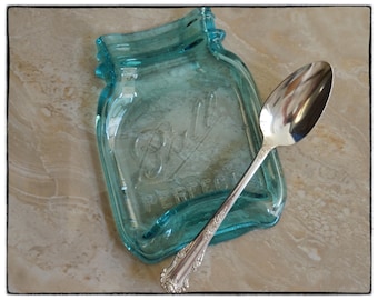 Free Shipping..Melted Mason Jar " Pint size" Ball Logo Antique Blue, Cute Spoon Rest, Cheese butter Tray, coaster, dish soap  ..