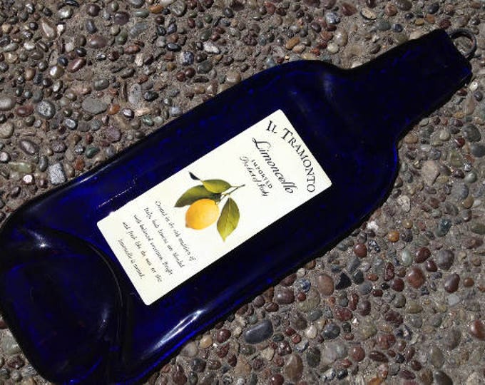 FREE SHIPPING Tramonto Limoncello Italy Cobalt Blue Slump Melted Flat Wine Bottle Cheese Tray Spoon Rest Glass Eco Gift