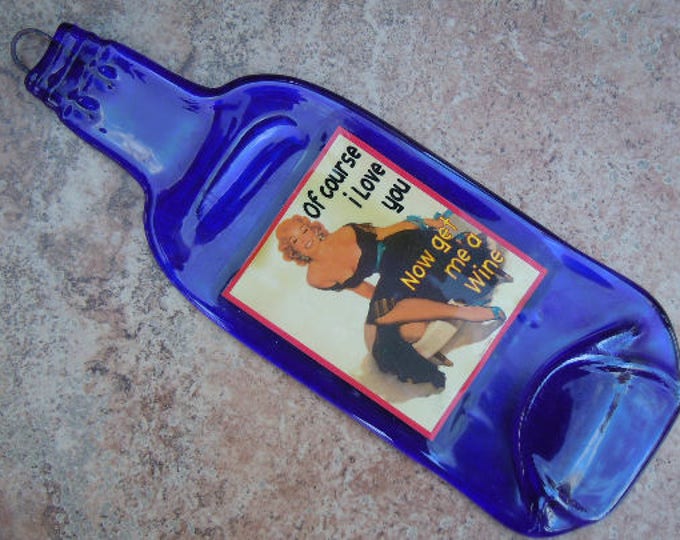 Free shipping Funny Retro Pin-Up I Love You Cobalt Blue  Slump  Flat Wine Bottle Cheese Tray Spoon Rest Glass Eco Gift