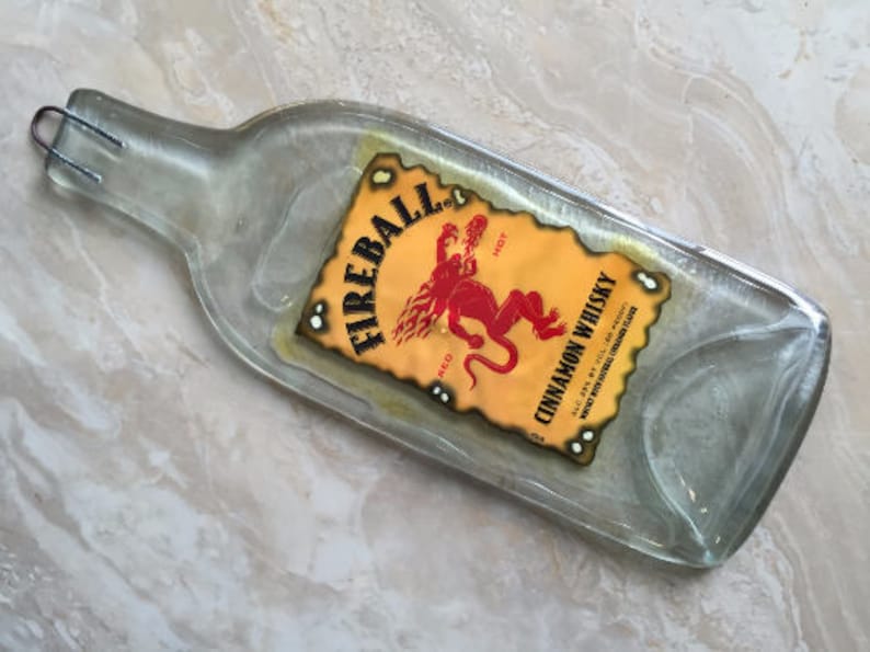 FREE SHIPPING Fireball Cinnamon Whiskey Slumped Melted Flat Whisky bottle elegant cheese tray spoon rest Eco Gift image 1