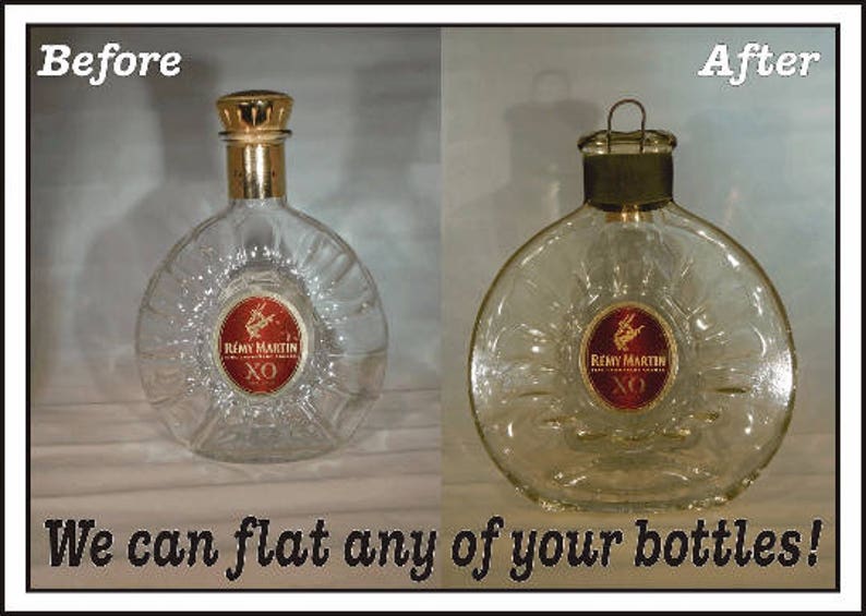 May include: Before and after images of a clear glass bottle with a gold top. The bottle is labeled "REMY MARTIN XO". The bottle on the left is round and has a slight curve. The bottle on the right is flat and has a smooth surface. The text "We can flat any of your bottles!" is at the bottom of the image.