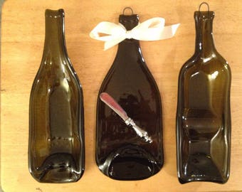 SET of 2 Bowls Dishes and 1 Plate Slumped Melted Flat Wine Plain Bottle Cheese Tray Spoon Rest Glass Plate Eco Gift *Knife Not Included