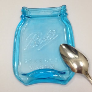 FREE Shipping..Melted Mason Jar " pint  size" BALL LOGO  Blue, Cute Spoon Rest, Cheese butter  Tray, dish soap