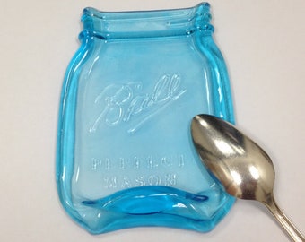 FREE Shipping..Melted Mason Jar " pint  size" BALL LOGO  Blue, Cute Spoon Rest, Cheese butter  Tray, dish soap