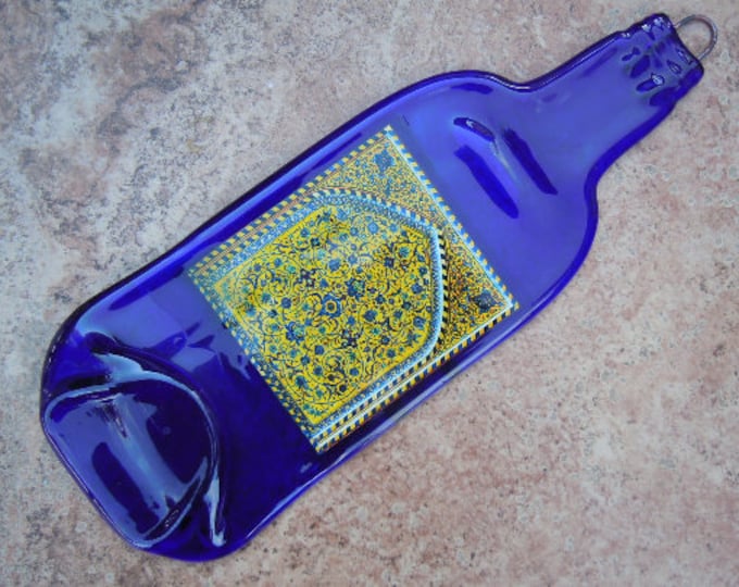 Free shipping Mediterranean Persian Tile Wall design cobalt blue Slumped Melted  Wine Bottle  Spoon Rest Glass Plate Eco Gift Inactive