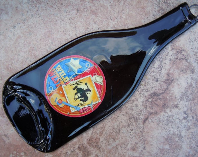 FREE SHIPPING Texas Wild West Horse Cowboy Southern Slump  Flat Wine Bottle Cheese Tray Spoon Rest Glass Eco Gift