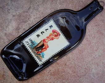 Free Shipping Funny Quote Pin-up Retro Girl Rich Wine Slumped Melted Flattened Flat Bottle Tray Spoon Rest Glass Plate Gift