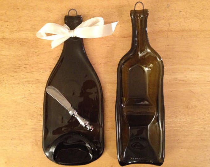 SET 1 Double Bowl and 1 Plate Slumped Melted Flat Wine Plain Bottle Cheese Tray Spoon Rest Glass Plate Eco Gift *Knife Not Included