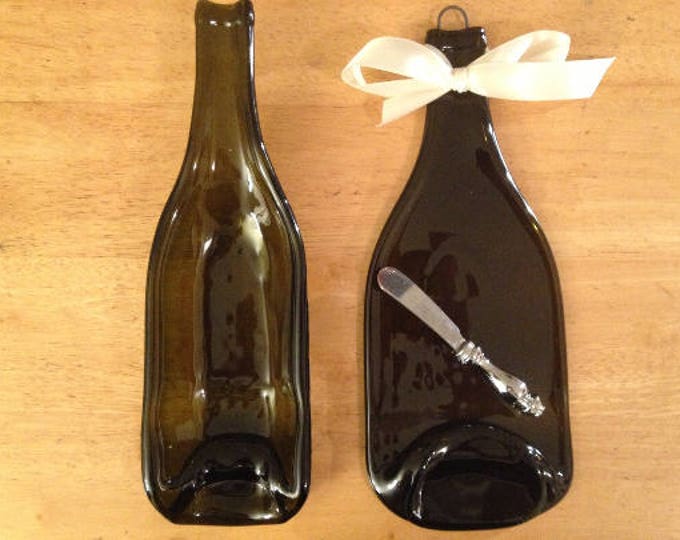 FREE SHIPPING set of 2 Bottles Slumped flat bottle elegant cheese tray spoon rest glass plate eco gift *Knife Not Included
