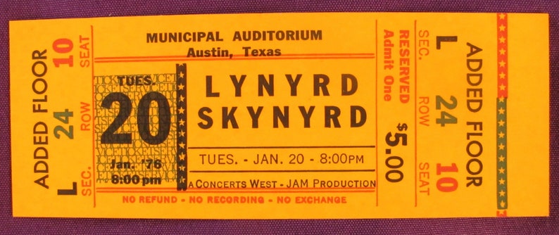 LYNYRD SKYNYRD 1975-/'76 Gimme Back My Bullets Tour Original Unused Concert Ticket