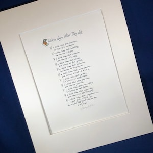Les enfants apprennent ce qu'ils vivent, poème de Dorothy L. Nolte. Calligraphie originale réalisée en 1993, imprimée sur du papier cartonné cette année.