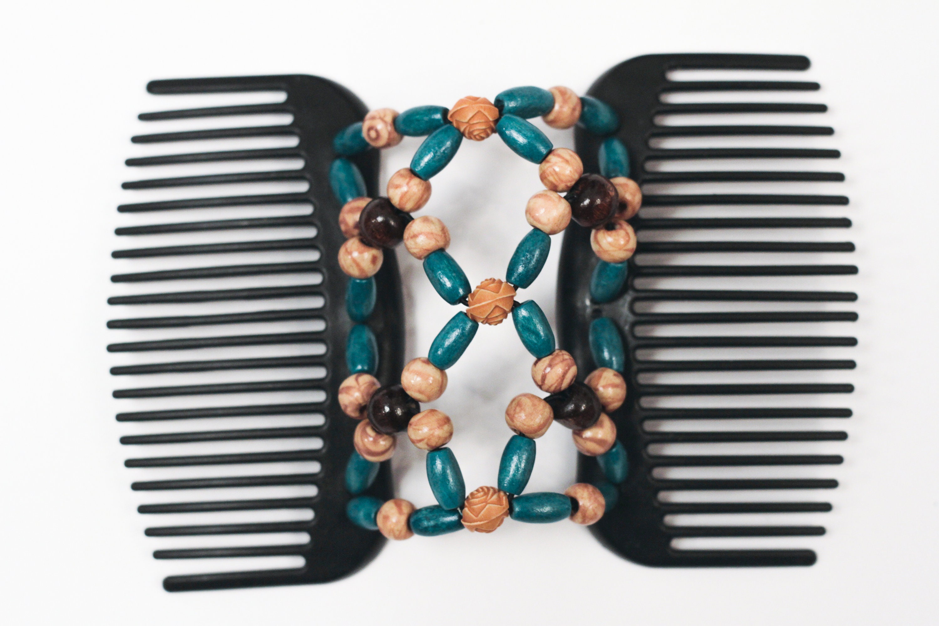 Beaded Double Hair Comb Blue and Golden Brown Interlocking