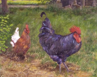 Huhn-Malerei - Giclée-Druck, Original-Kunst, mattiert, Hahn Malerei, Henne Malerei, Huhn Kunst, Wandkunst, Bauernhaus Kunst, Tierkunst