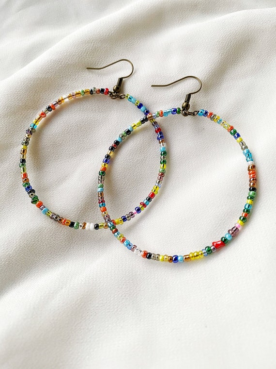 Multicolored Seed Bead Hoop Earrings large hoops | Etsy
