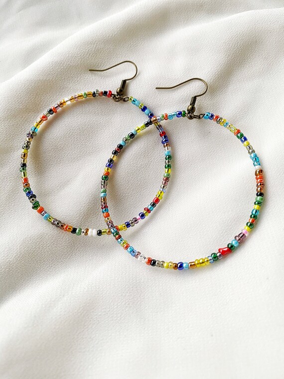 Multicolored Seed Bead Hoop Earrings large hoops Etsy