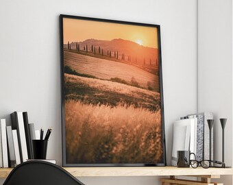 Tuscany Landscape Print: Cypress Trees Sunset, Italy Photography