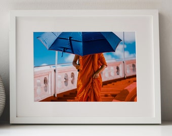 Bangkok Monk Photography Print: Orange & Blue Travel Art Poster
