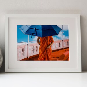 Bangkok Monk Photography Print: Orange & Blue Travel Art Poster