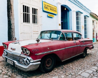 Chevrolet print, Trinidad Cuba poster, Bodeguita del Medio, travel poster wall art, wanderlust prints, gift for mechanic husband, man cave