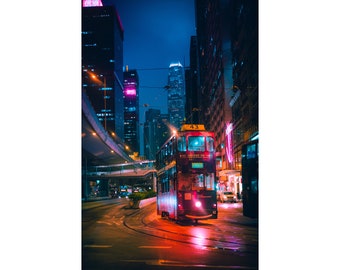 Hong Kong Tram Print: Neon Night Cityscape Photography