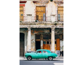 Green 50's Car, Cuba print, Havana poster, architecture print, man cave decor, Earth tone wall art, unique gifts for dad, wanderlust poster