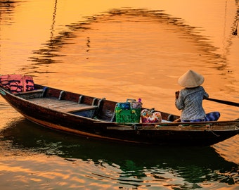 Hoi An Sunset Print: Vietnamese Sampan Boat Photography