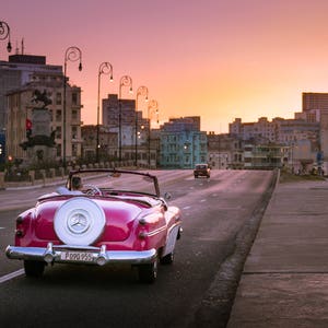 Pink 50's Car, Havana poster, Cuba poster, travel photography wall art, city wall art, Sunset print, aesthetic room decor, gift for mechanic