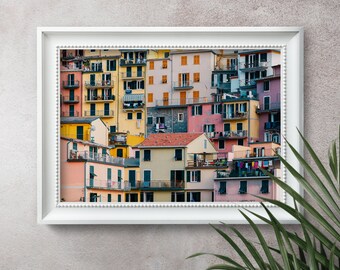Manarola Print: Cinque Terre Colorful Buildings, Italy Skyline Art