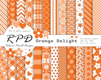 Orange White Mix and Match Confetti Patterns Spots Digital Paper Pack -Scrapbooking, Craft Use ,Digital Backgrounds- Commercial Use