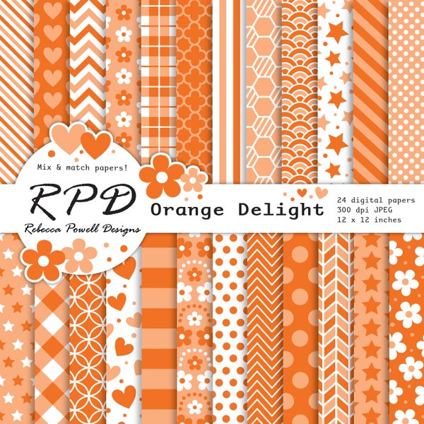 SALE Orange White Mix and Match Confetti Patterns Spots Digital Paper Set-Scrapbooking, Craft Use ,Digital Backgrounds- Commercial Use