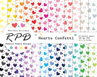 SALE Love Hearts Confetti Digital Paper, Polka Dots, Seamless Pattern, Rainbow Colours, White, Scrapbook Pages, Backgrounds, Commercial Use